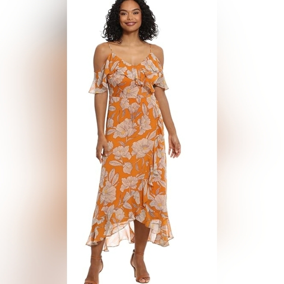 London Times Women's Floral Printed Cold Shoulder Hi-Low Maxi Dress Size 8 - Picture 1 of 12